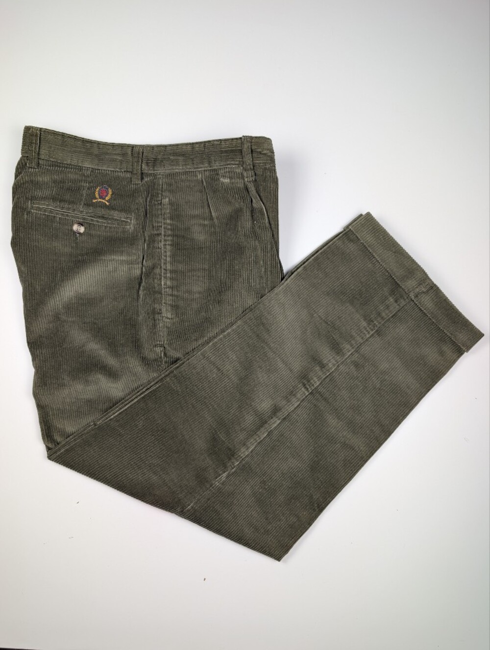 VTG 90s Y2K Tommy Hilfiger Olive Green Corduroy Pants Mens 33x28 Pleated Cuff